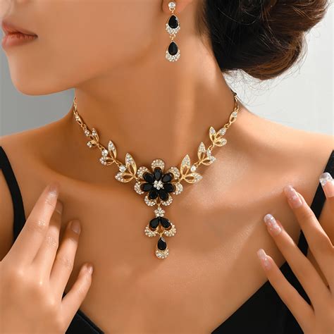 Gold Plated Jewelry Set for Women Black Flower & Zirconia Necklace wit ...