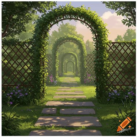 A garden path lined with vine-covered arches and lattice fences. on Craiyon