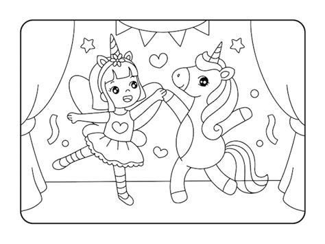 Premium Vector | Unicorn dancing with a girl coloring page illustration