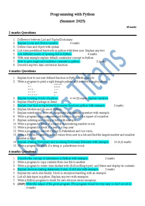 PWP 40 Marks Final Exam Analysis: Python Programming Concepts - Studocu