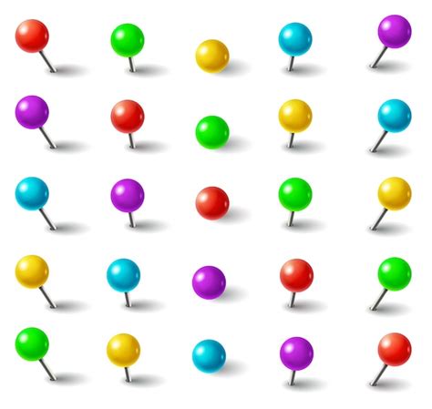 Realistic 3d color plastic push pins with round head and needle in ...