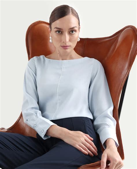 Rareism Women's Pidet Blue Satin Boat Neck Plain Cuffed Sleeve Regular