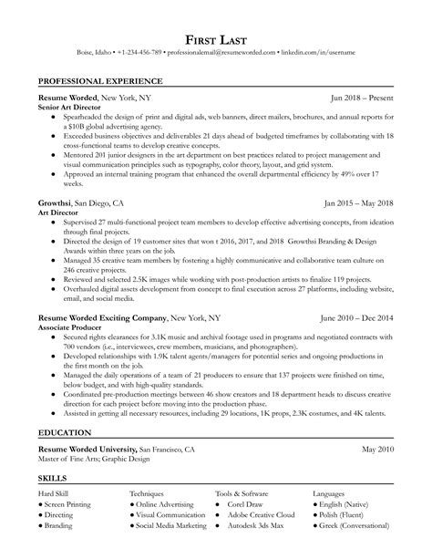 Senior Art Director Resume Examples for 2026 | Resume Worded