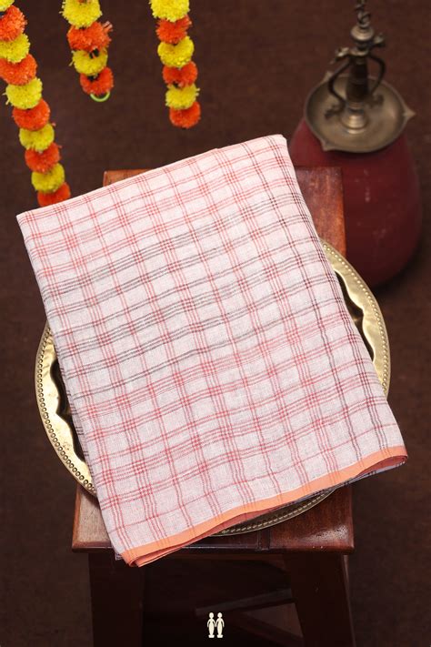 Linen Saree In Ivory With Checks Design