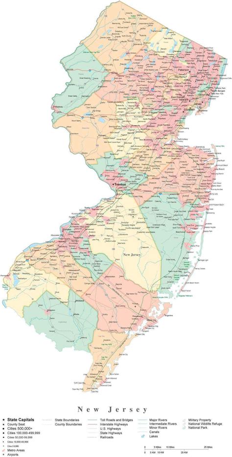 State Map of New Jersey in Adobe Illustrator vector format. Detailed ...