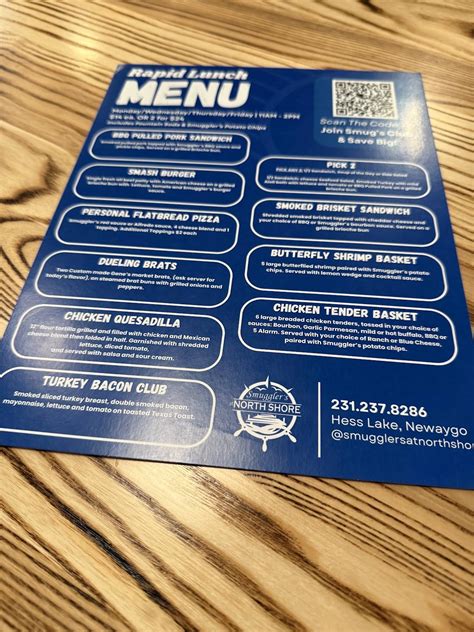 Menu at Smuggler's At North Shore pub & bar, Newaygo