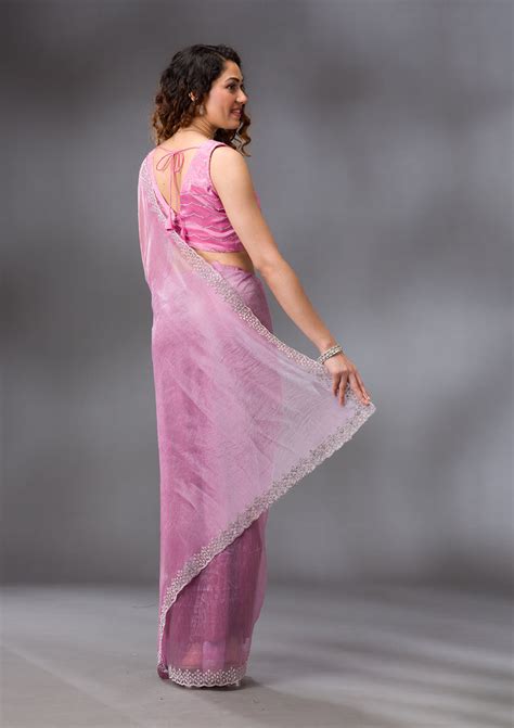 Buy Onion Pink Stonework Tissue Saree - Koskii