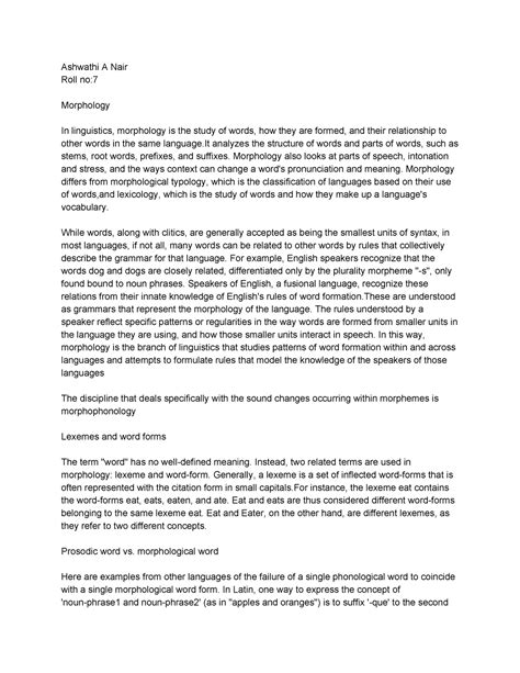 Linguistics morphology words - Ashwathi A Nair Roll no: Morphology In ...