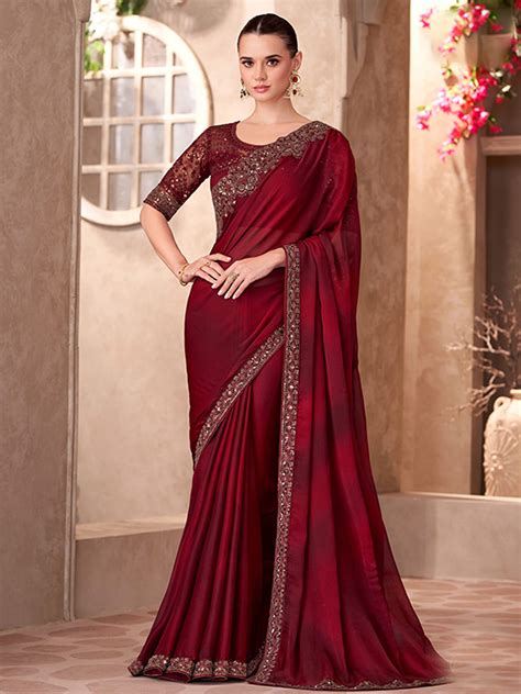 Sparkle shaded Chiffon With Linen Work Wedding Saree in maroon color-4 ...