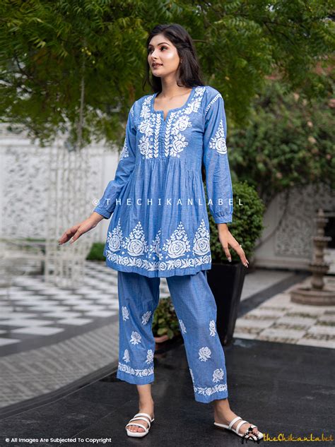 Blue Laiba Denim Chikankari Short Kurta Set