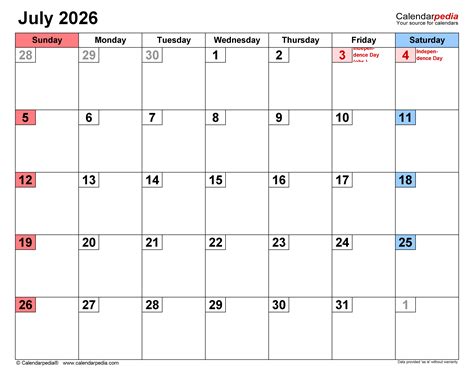July 2026 Calendar | Templates for PDF, Excel and Word
