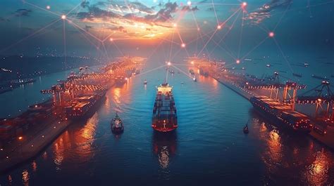 Cargo ship in tech enhanced port at dusk | Premium AI-generated image