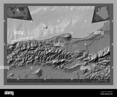 Tipaza, province of Algeria. Bilevel elevation map with lakes and rivers. Locations and names of ...