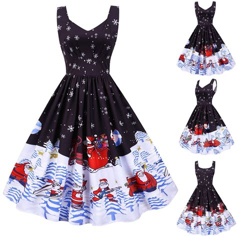 BLTIBY Women's Christmas Dress Printed Pleated Swing Dresses Xmas ...