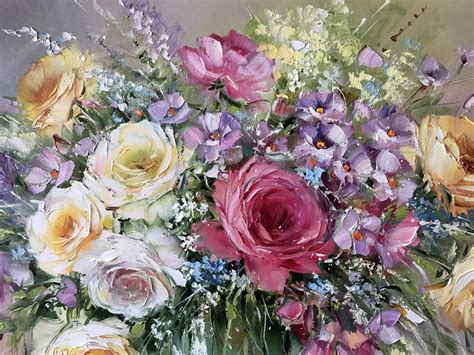 Flower Bouquet Painting on Canvas, Roses in Vase Oil Painting, Still ...