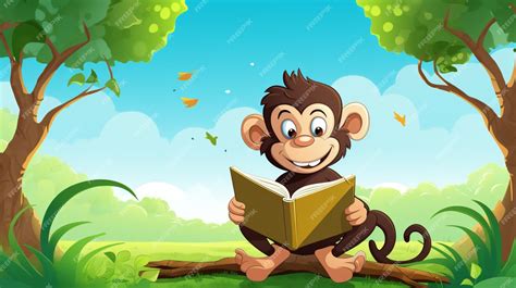 Premium Vector | A cartoon monkey reading a book in a park