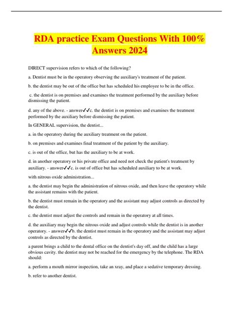 RDA practice Exam Questions With 100% Answers 2024 - RDA - Stuvia US