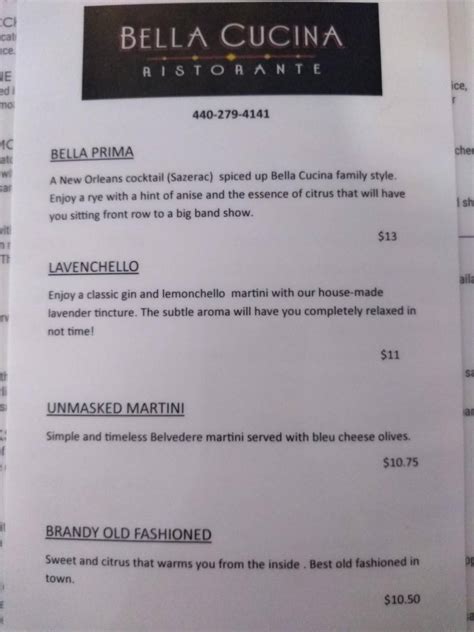 Menu at Bella Cucina restaurant, Chardon