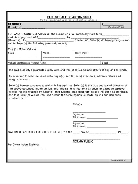 Georgia Bill of Sale of Automobile - Blank Fillable Template | Fill Out ...