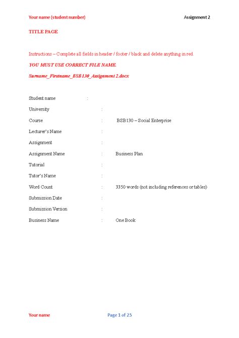 One Book Business plan - TITLE PAGE Instructions – Complete all fields ...