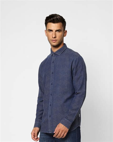 Buy Navy Blue Printed Full Sleeves Shirt for Men