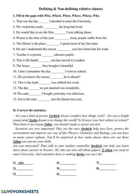 Defining and Non Defining Relative Clauses Worksheet 的图像结果