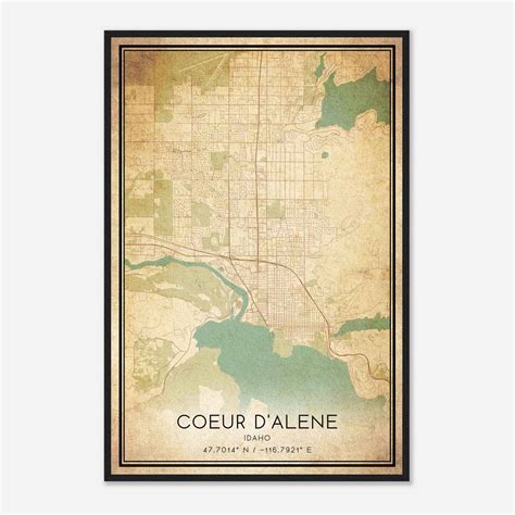 Vintage Coeur D'alene Idaho Map Poster, Modern Home Decor Wall Art ...