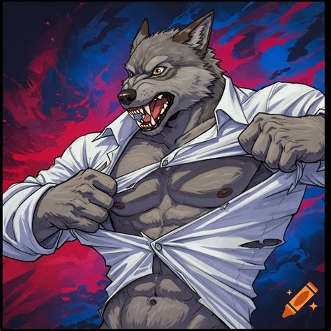 Muscular grey werewolf ripping off a white shirt, chest revealed, in a ...