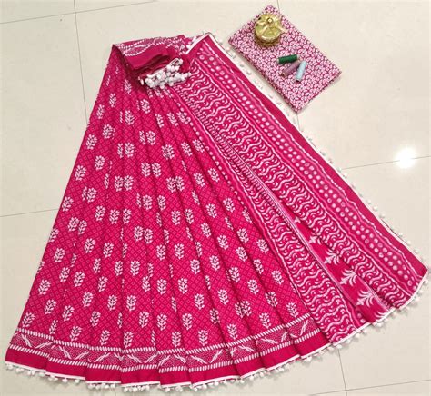 Pure Mulmul Cotton hand block Print Saree with Blouse – thecotlin