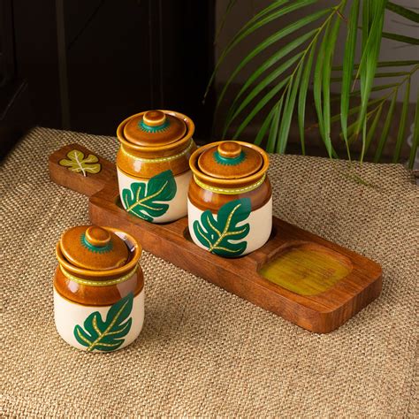 Buy ExclusiveLane 'Shades of a Leaf' Handpainted Ceramic Pickle Jar Set ...