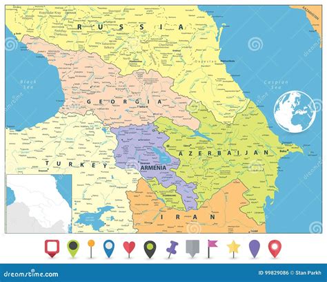 Caucasus Political Map and Flat Map Markers Stock Vector - Illustration of flat, icon: 99829086