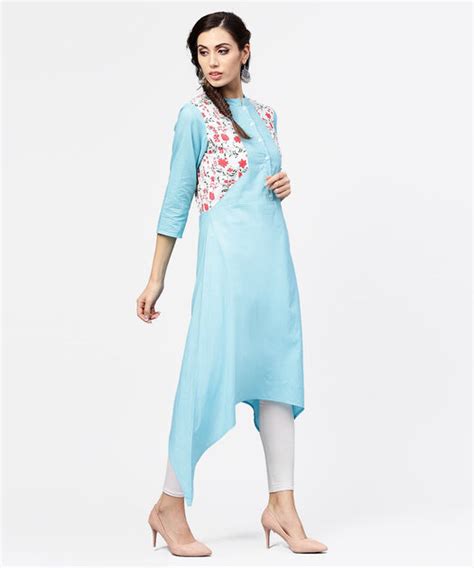 Blue 3/4th sleeve cotton floor length kurta – Nayo Clothing