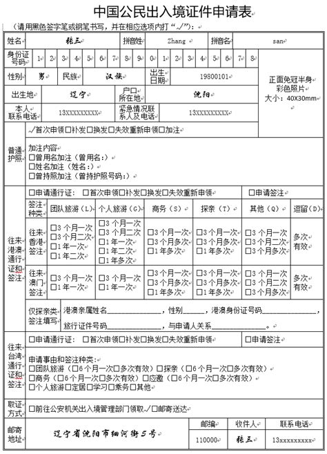 中国公民出入境证件申请表 - 范文118