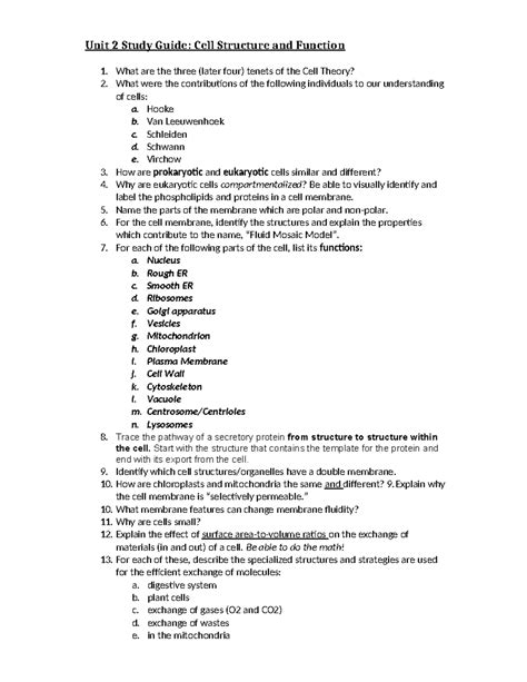 AP Bio Unit 2 Study Guide 2022 - Unit 2 Study Guide: Cell Structure and ...