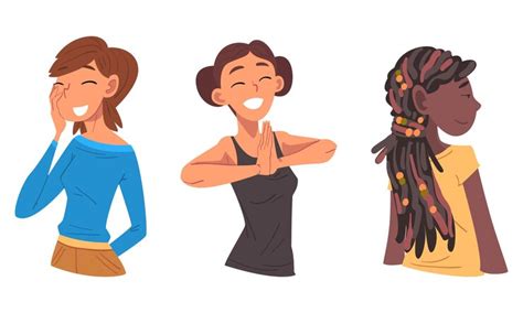 Smiling woman character looking at someone demonstrating attention half ...