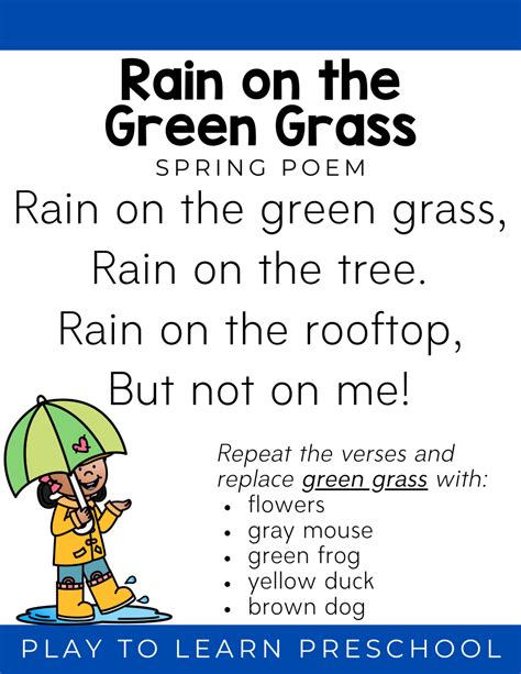 Rain on the Green Grass - Spring Circle time free printable poem - Play to Learn