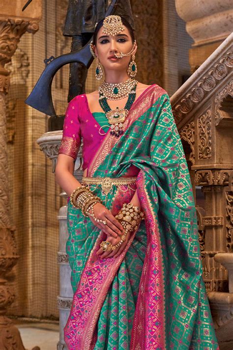 Buy Persian Green Banarasi Silk Saree With Blouse Piece 77709 Online ...
