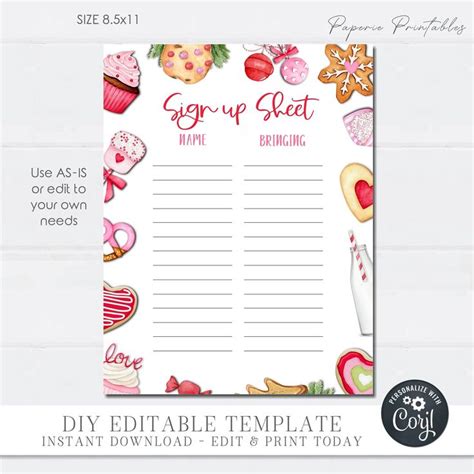 Editable Valentine's Day Potluck Sign up Sheet (digital Download ...