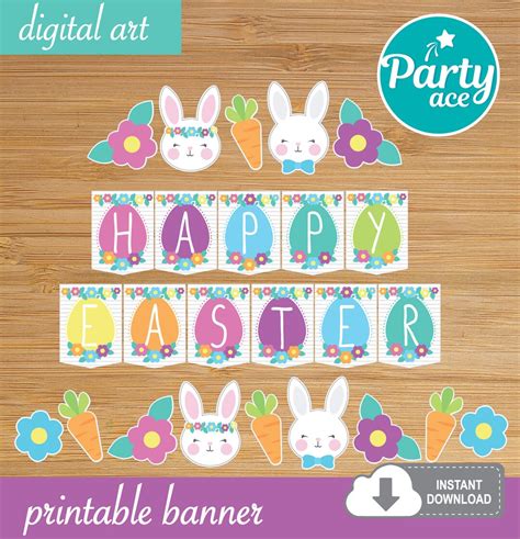 Happy Easter Banner Sign Printable Easter Flowers and Bunnies Party ...