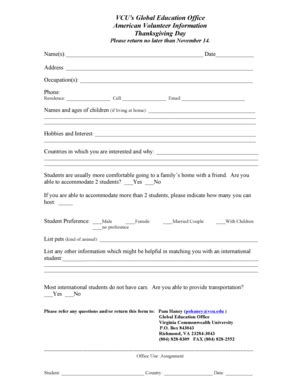 Fillable Online global vcu Thanksgiving Volunteer Info. Form - Global ...