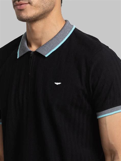 Men Black Slim Fit Solid Cotton Round Neck Collar Polo T-Shirt – MyRaymond