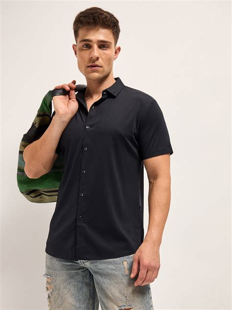 Shop Black Solid Nylon Blend Classic Spread Collar Shirt Online ...