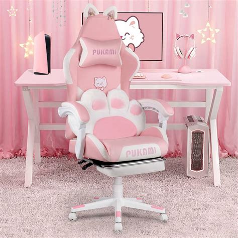 Cute Gaming Chair With Cat Ears & Cat Paw Lumbar Support, Ergonomic ...