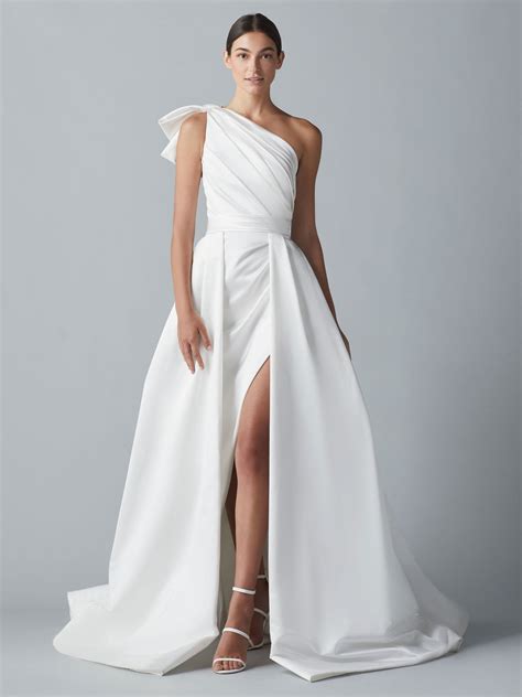 White Wedding Dress One Shoulder Sleeveless Satin Fabric Bows With Train Long Bridal Dresses ...