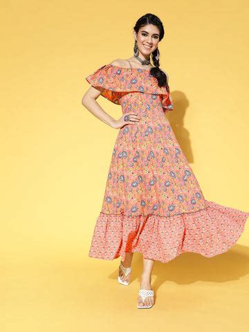 Buy Women's Peach-Coloured & Blue Floral Printed Dress Online - Yufta ...