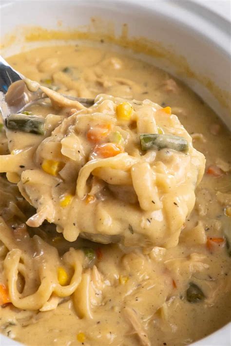 Crock Pot chicken and noodles in a laddle. | Crockpot chicken and ...