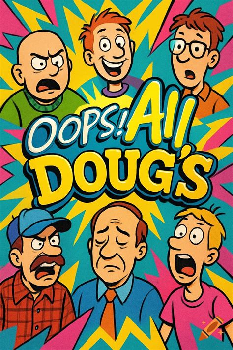 A vibrant cartoon poster featuring six men with various expressions ...