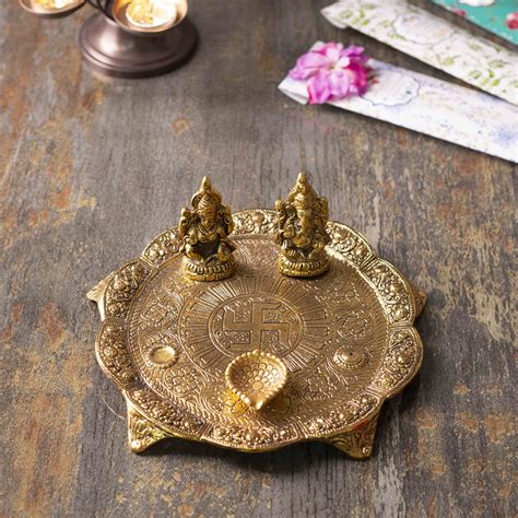 Buy Laxmi Ganesha Brass Pooja Thali Online in India - Mypoojabox.in
