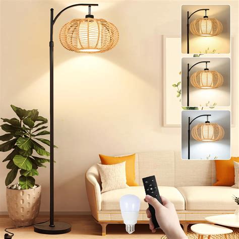 Arc Floor Lamps for Living Room Bedroom Rattan Boho Floor Lamp with ...