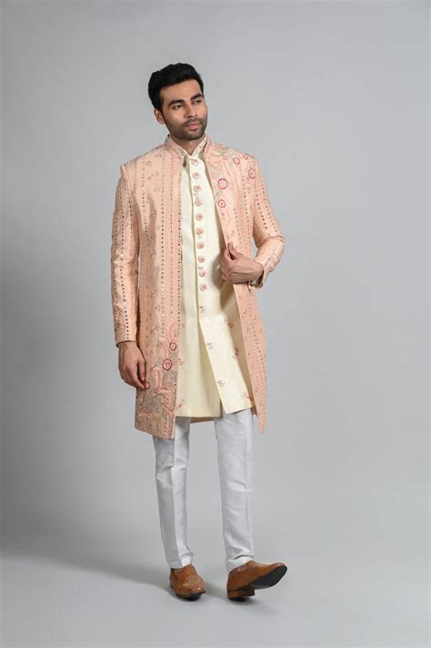 Peach Indo Western Set with Ankle Pant in Thread Work | Shreeman